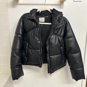 Faux-Leather Mini Puffer Coat (Hooded)